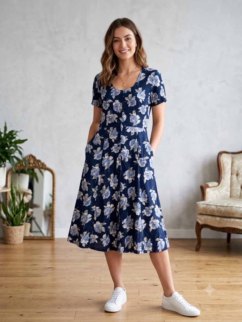 Vintage Class Couture Women's Navy Blue Floral Midi Dress